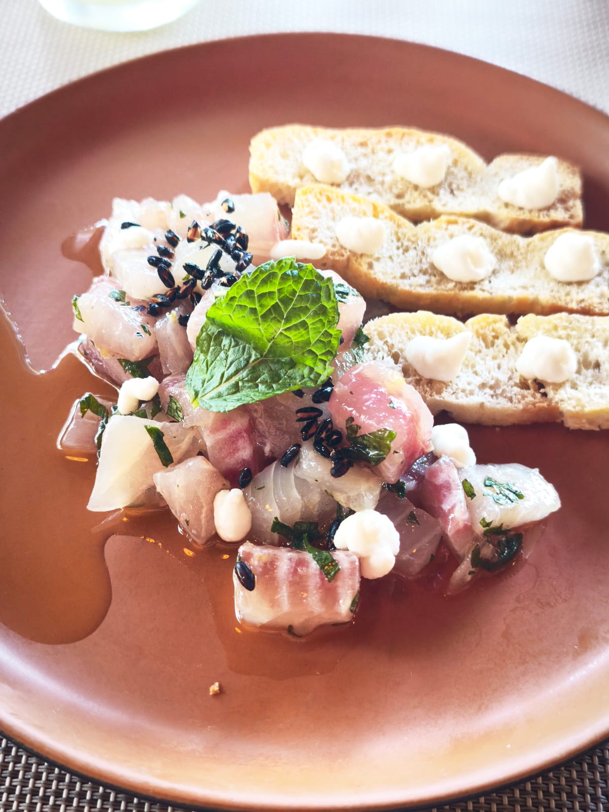Tartare de peixe branco com gergelim preto e hortelã, servido com torradas finas finalizadas com gotas de creme em prato cerâmico.